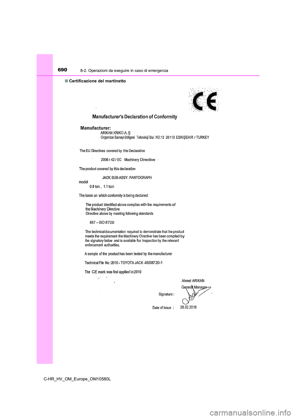 TOYOTA C-HR 2018  Manuale duso (in Italian) 6908-2. Operazioni da eseguire in caso di emergenza
C-HR_HV_OM_Europe_OM10580L 
■ Certificazione del martinetto 