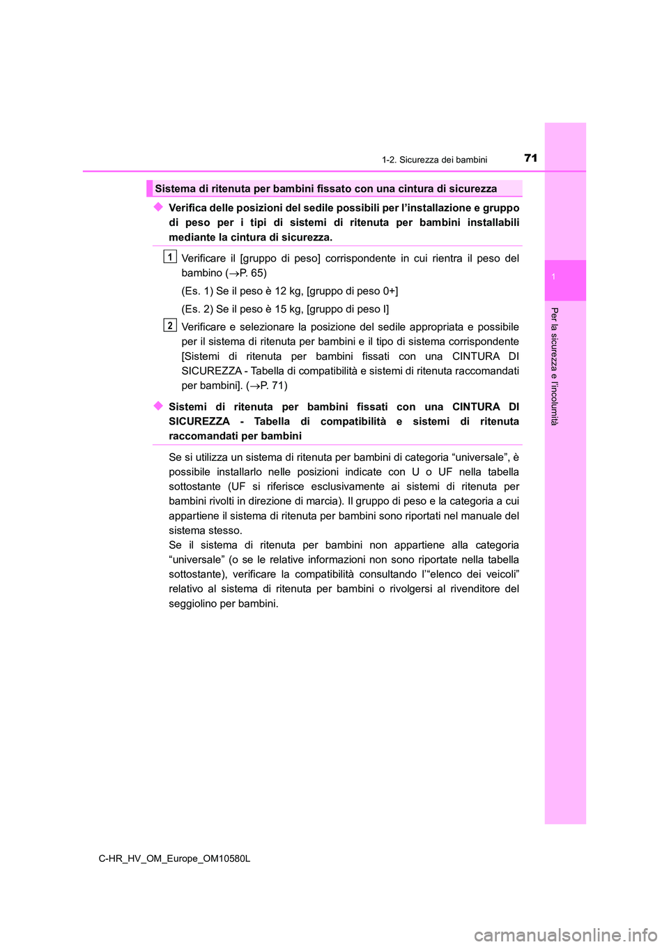 TOYOTA C-HR 2018 Manuale duso (in Italian) 711-2. Sicurezza dei bambini
1
Per la sicurezza e l’incolumità
C-HR_HV_OM_Europe_OM10580L
◆Verifica delle posizioni del sedile possibili per l’installazione e gruppo
di peso per i tipi di sist TOYOTA C-HR 2018 Manuale duso (in Italian) 711-2. Sicurezza dei bambini
1
Per la sicurezza e l’incolumità
C-HR_HV_OM_Europe_OM10580L
◆Verifica delle posizioni del sedile possibili per l’installazione e gruppo
di peso per i tipi di sist