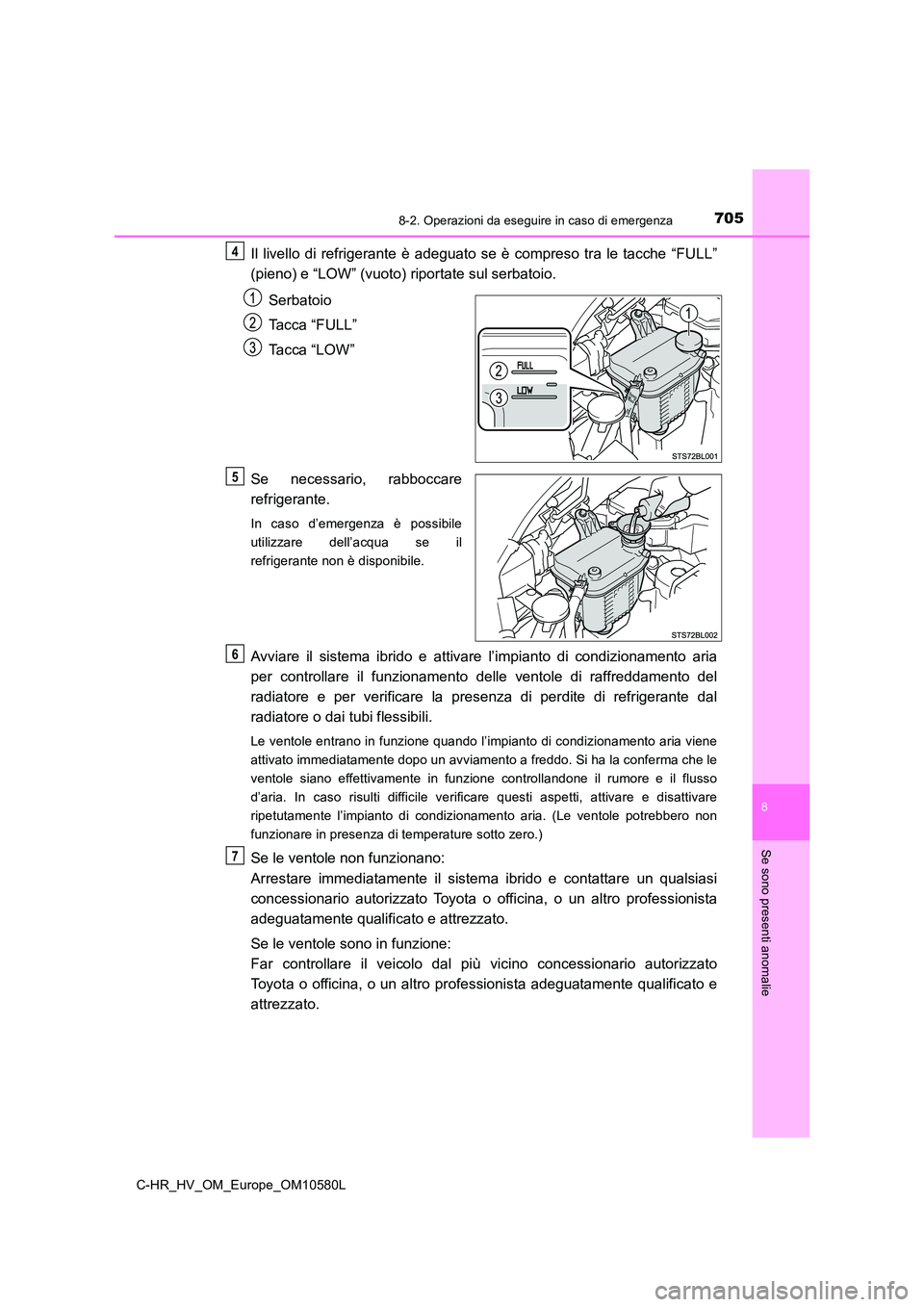 TOYOTA C-HR 2018 Manuale duso (in Italian) 7058-2. Operazioni da eseguire in caso di emergenza
C-HR_HV_OM_Europe_OM10580L
8
Se sono presenti anomalie
Il livello di refrigerante è adeguato se è compreso tra le tacche “FULL”
(pieno) e “ TOYOTA C-HR 2018 Manuale duso (in Italian) 7058-2. Operazioni da eseguire in caso di emergenza
C-HR_HV_OM_Europe_OM10580L
8
Se sono presenti anomalie
Il livello di refrigerante è adeguato se è compreso tra le tacche “FULL”
(pieno) e “