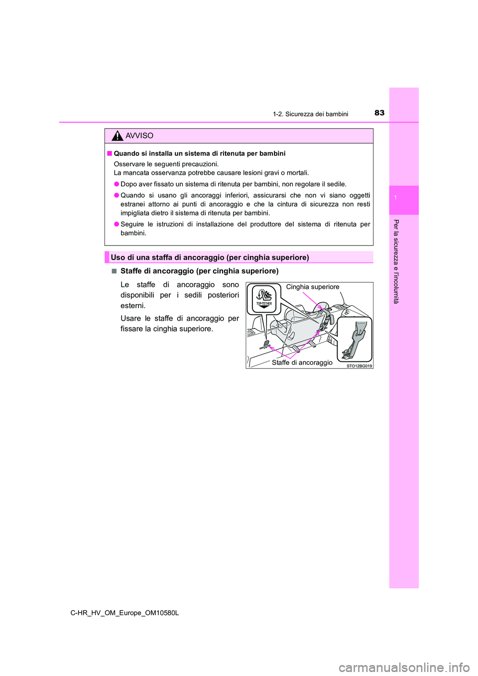 TOYOTA C-HR 2018  Manuale duso (in Italian) 831-2. Sicurezza dei bambini
1
Per la sicurezza e l’incolumità
C-HR_HV_OM_Europe_OM10580L 
■Staffe di ancoraggio (per cinghia superiore) 
Le staffe di ancoraggio sono 
disponibili per i sedili po