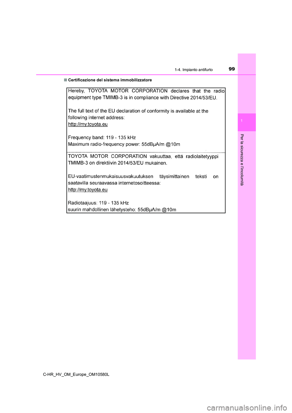 TOYOTA C-HR 2018  Manuale duso (in Italian) 991-4. Impianto antifurto
1
Per la sicurezza e l’incolumità
C-HR_HV_OM_Europe_OM10580L 
■ Certificazione del sistema immobilizzatore  