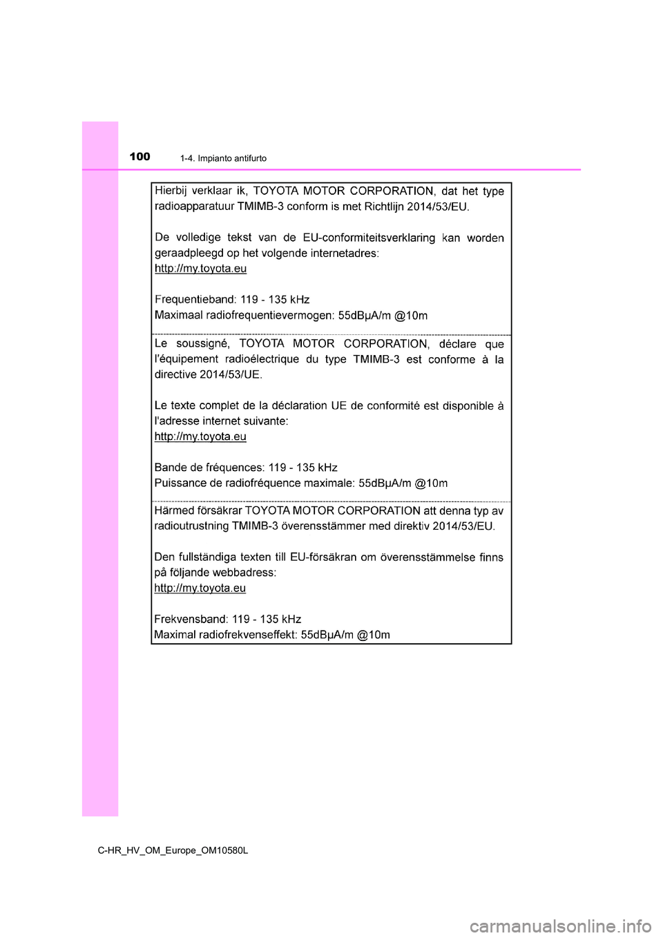 TOYOTA C-HR 2018  Manuale duso (in Italian) 1001-4. Impianto antifurto
C-HR_HV_OM_Europe_OM10580L 