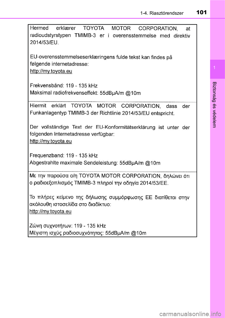 TOYOTA C-HR 2018  Kezelési útmutató (in Hungarian) 1011-4. Riasztórendszer
1
Biztonság és védelem 