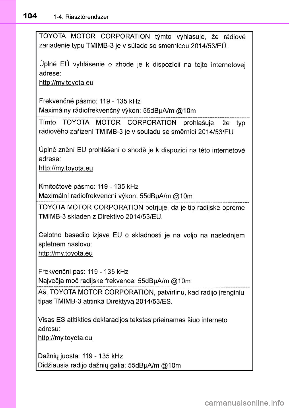 TOYOTA C-HR 2018  Kezelési útmutató (in Hungarian) 1041-4. Riasztórendszer 