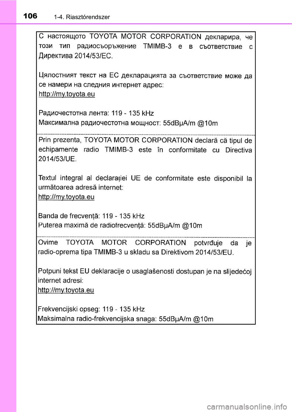 TOYOTA C-HR 2018  Kezelési útmutató (in Hungarian) 1061-4. Riasztórendszer 