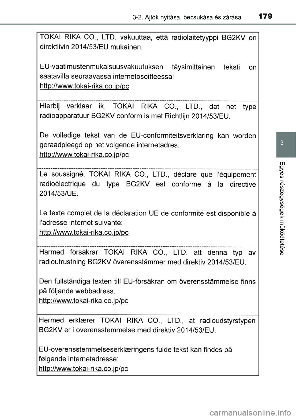 TOYOTA C-HR 2018 Kezelési útmutató (in Hungarian) 1793-2. Ajtók nyitása, becsukása és zárása
3
Egyes részegysége k működtetése TOYOTA C-HR 2018 Kezelési útmutató (in Hungarian) 1793-2. Ajtók nyitása, becsukása és zárása
3
Egyes részegysége k működtetése