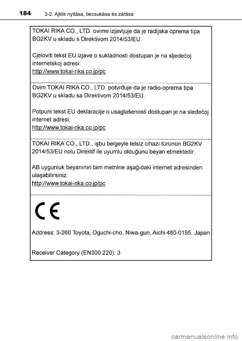 TOYOTA C-HR 2018 Kezelési útmutató (in Hungarian) 1843-2. Ajtók nyitása, becsukása és zárása TOYOTA C-HR 2018 Kezelési útmutató (in Hungarian) 1843-2. Ajtók nyitása, becsukása és zárása