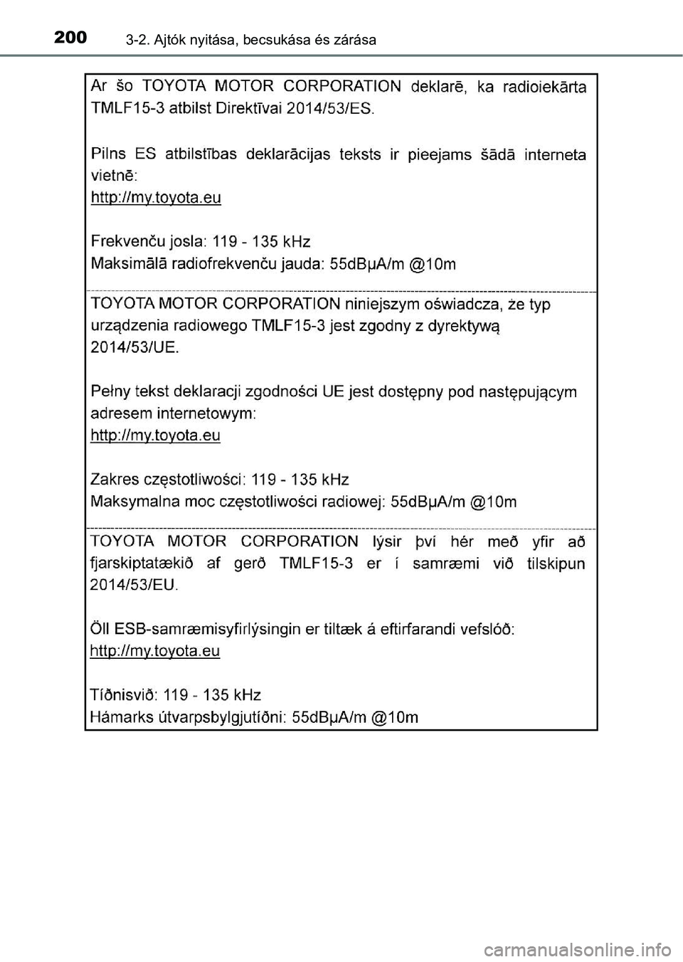 TOYOTA C-HR 2018  Kezelési útmutató (in Hungarian) 2003-2. Ajtók nyitása, becsukása és zárása 