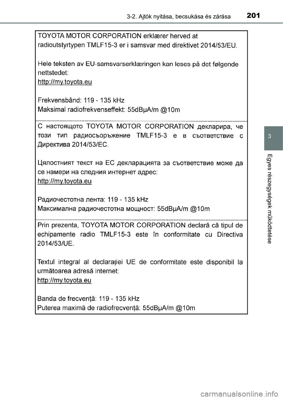 TOYOTA C-HR 2018  Kezelési útmutató (in Hungarian) 2013-2. Ajtók nyitása, becsukása és zárása
3
Egyes részegysége k működtetése 