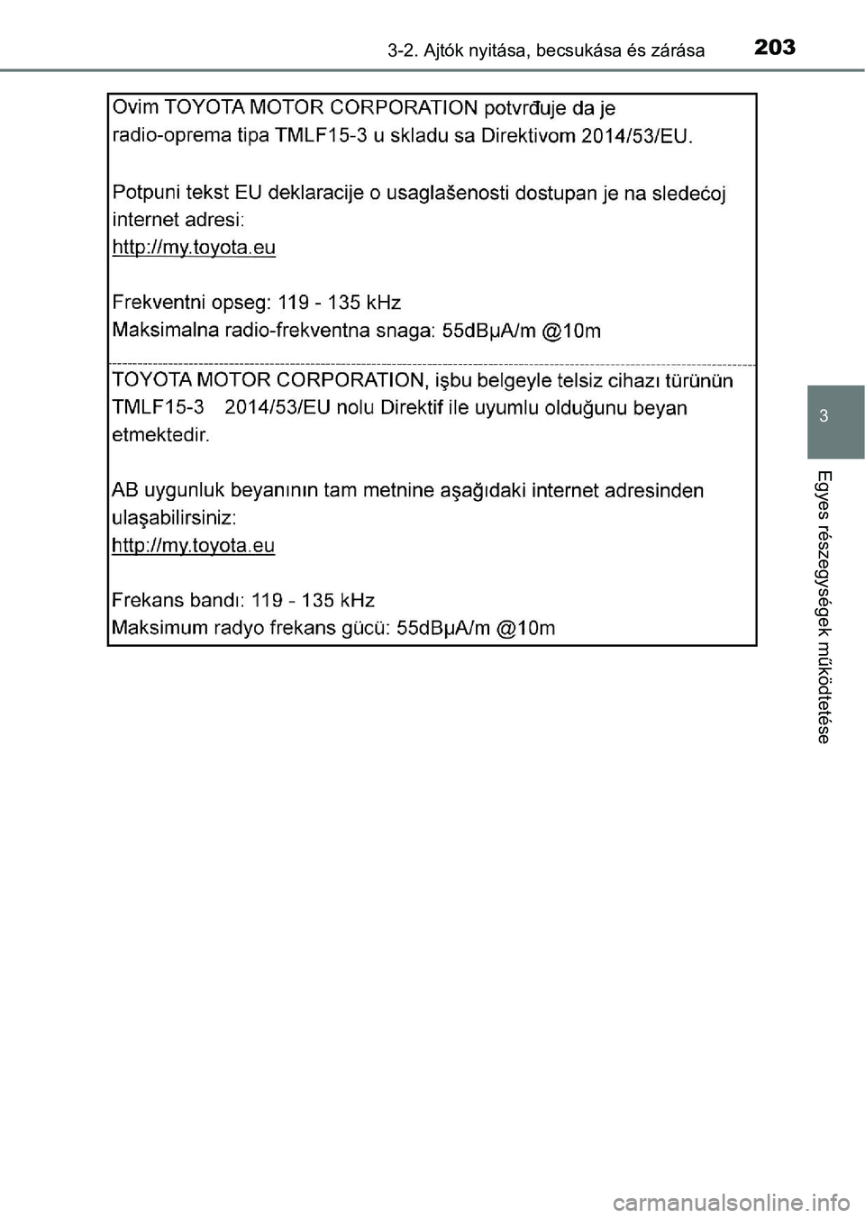 TOYOTA C-HR 2018  Kezelési útmutató (in Hungarian) 2033-2. Ajtók nyitása, becsukása és zárása
3
Egyes részegysége k működtetése 