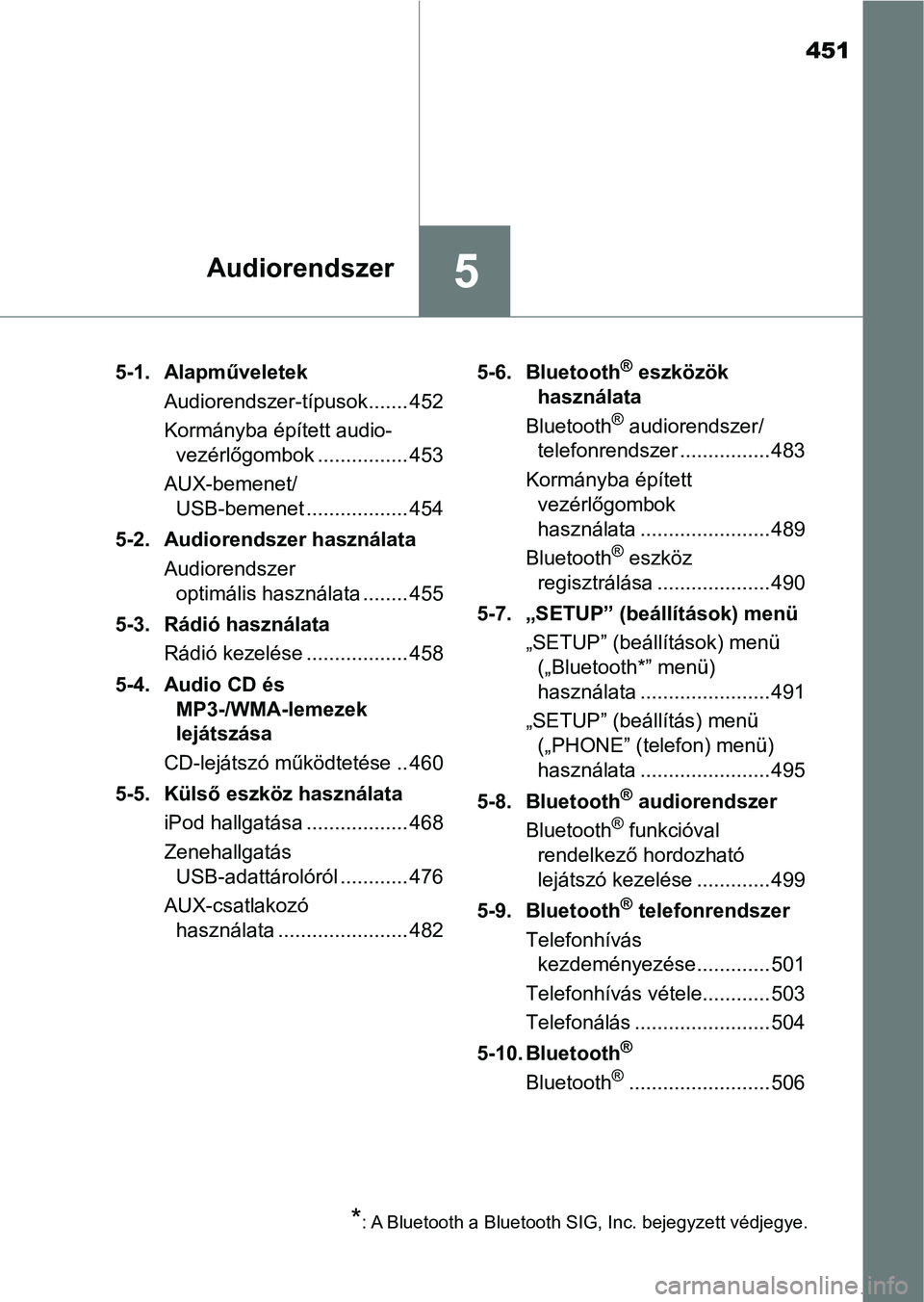 TOYOTA C-HR 2018  Kezelési útmutató (in Hungarian) 451
5Audiorendszer
5-1. AlapműveletekAudiorendszer-típusok ....... 452
Kormányba épített audio-vezérlőgombok ................ 453
AUX-bemenet/ USB-bemenet .................. 454
5-2. Audiorends
