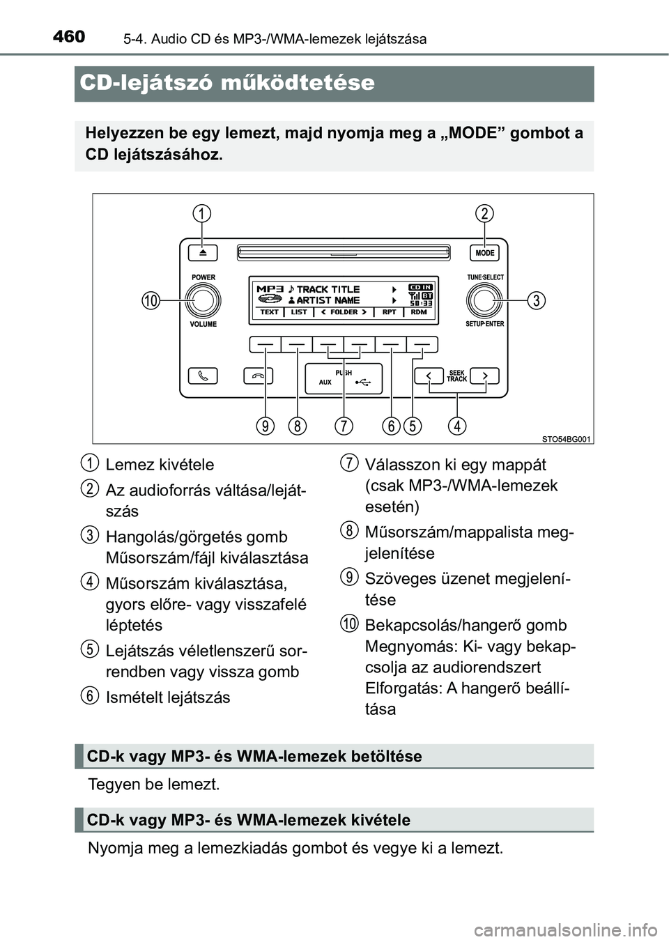 TOYOTA C-HR 2018 Kezelési útmutató (in Hungarian) 4605-4. Audio CD és MP3-/WMA-lemezek lejátszása
CD-lejátszó működtetése
Tegyen be lemezt.
Nyomja meg a lemezkiadás gom bot és vegye ki a lemezt.
Helyezzen be egy lemezt, majd nyomja meg a TOYOTA C-HR 2018 Kezelési útmutató (in Hungarian) 4605-4. Audio CD és MP3-/WMA-lemezek lejátszása
CD-lejátszó működtetése
Tegyen be lemezt.
Nyomja meg a lemezkiadás gom bot és vegye ki a lemezt.
Helyezzen be egy lemezt, majd nyomja meg a