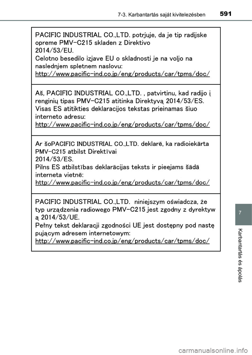 TOYOTA C-HR 2018  Kezelési útmutató (in Hungarian) 5917-3. Karbantartás saját kivitelezésben
7
Karbantartás és ápolás 