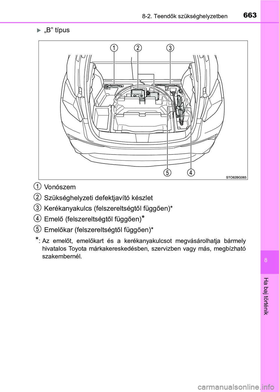 TOYOTA C-HR 2018  Kezelési útmutató (in Hungarian) 6638-2. Teendők szükséghelyzetben
8
Ha baj történik
„B” típus
Vonószem
Szükséghelyzeti defektjavító készlet
Kerékanyakulcs (felszereltségtől függően)*
Emelő (felszereltségtő