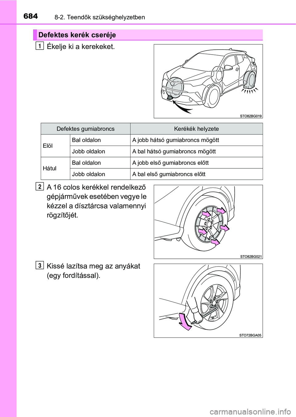 TOYOTA C-HR 2018 Kezelési útmutató (in Hungarian) 6848-2. Teendők szükséghelyzetben
Ékelje ki a kerekeket.
A 16 colos kerékkel rendelkező
gépjárművek esetében vegye le
kézzel a dísztárcsa valamennyi
rögzítőjét.
Kissé lazítsa meg TOYOTA C-HR 2018 Kezelési útmutató (in Hungarian) 6848-2. Teendők szükséghelyzetben
Ékelje ki a kerekeket.
A 16 colos kerékkel rendelkező
gépjárművek esetében vegye le
kézzel a dísztárcsa valamennyi
rögzítőjét.
Kissé lazítsa meg