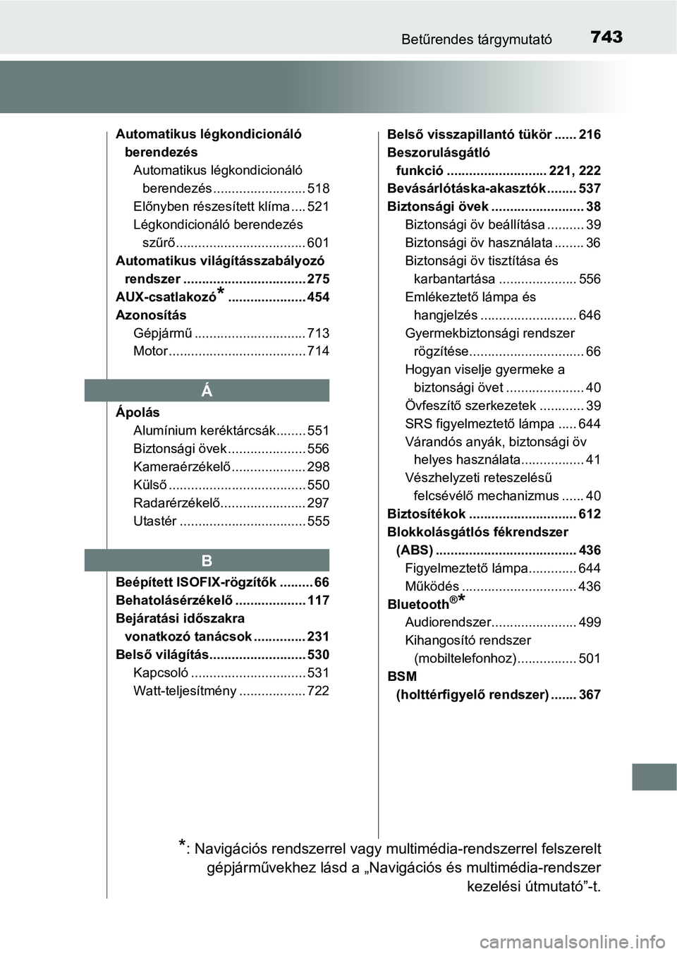 TOYOTA C-HR 2018  Kezelési útmutató (in Hungarian) 743Betűrendes tárgymutató
Automatikus légkondicionáló berendezésAutomatikus légkondicionáló  berendezés ......................... 518
Előnyben részesített klíma .... 521
Légkondicioná