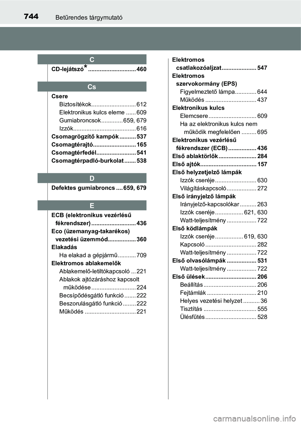 TOYOTA C-HR 2018  Kezelési útmutató (in Hungarian) 744Betűrendes tárgymutató
CD-lejátszó*............................. 460
Csere Biztosítékok........................... 612
Elektronikus kulcs eleme ...... 609
Gumiabroncsok ............. 659, 67