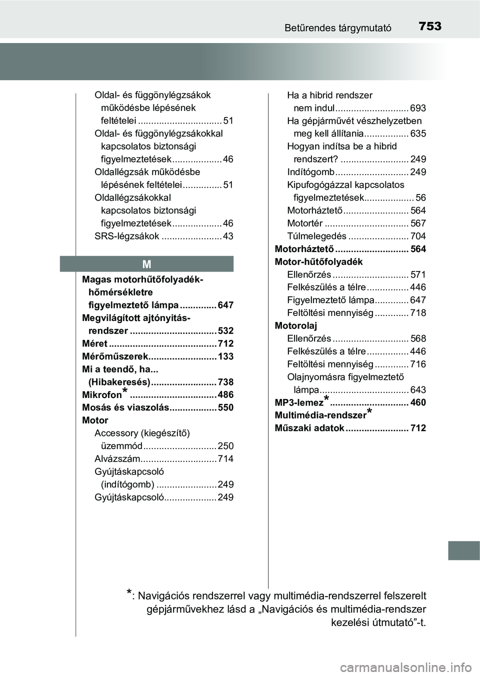 TOYOTA C-HR 2018 Kezelési útmutató (in Hungarian) 753Betűrendes tárgymutató
Oldal- és függönylégzsákok működésbe lépésének
feltételei ................................ 51
Oldal- és függönylégzsákokkal
kapcsolatos biztonsági
fig TOYOTA C-HR 2018 Kezelési útmutató (in Hungarian) 753Betűrendes tárgymutató
Oldal- és függönylégzsákok működésbe lépésének
feltételei ................................ 51
Oldal- és függönylégzsákokkal
kapcsolatos biztonsági
fig