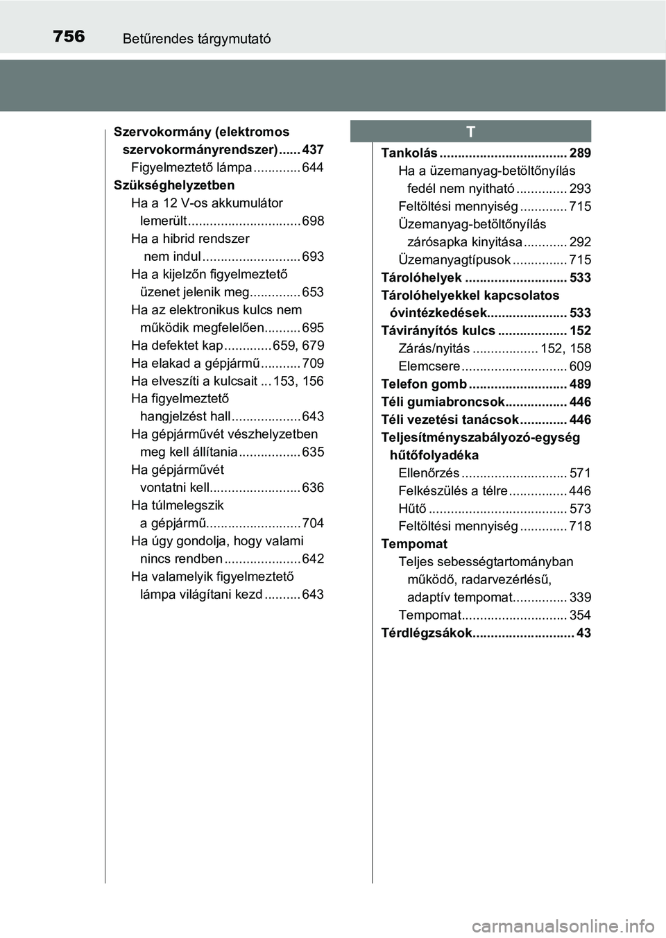 TOYOTA C-HR 2018 Kezelési útmutató (in Hungarian) 756Betűrendes tárgymutató
Szervokormány (elektromos szervokormányrendszer) ...... 437Figyelmeztető lámpa ............. 644
Szükséghelyzetben
Ha a 12 V-os akkumulátor lemerült .............. TOYOTA C-HR 2018 Kezelési útmutató (in Hungarian) 756Betűrendes tárgymutató
Szervokormány (elektromos szervokormányrendszer) ...... 437Figyelmeztető lámpa ............. 644
Szükséghelyzetben
Ha a 12 V-os akkumulátor lemerült ..............
