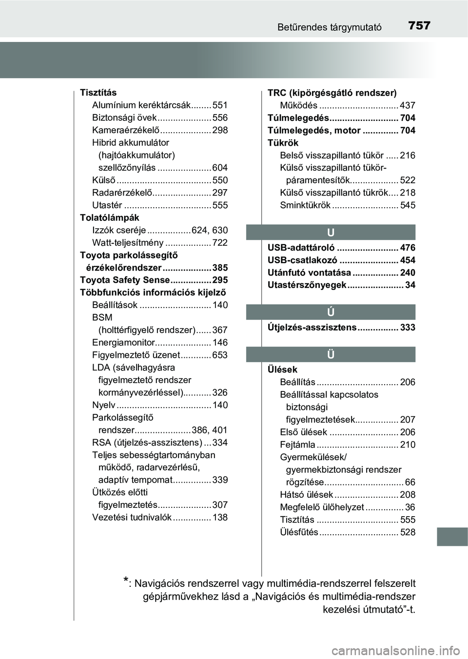 TOYOTA C-HR 2018 Kezelési útmutató (in Hungarian) 757Betűrendes tárgymutató
TisztításAlumínium keréktárcsák........ 551
Biztonsági övek ..................... 556
Kameraérzékelő .................... 298
Hibrid akkumulátor (hajtóakkumul TOYOTA C-HR 2018 Kezelési útmutató (in Hungarian) 757Betűrendes tárgymutató
TisztításAlumínium keréktárcsák........ 551
Biztonsági övek ..................... 556
Kameraérzékelő .................... 298
Hibrid akkumulátor (hajtóakkumul