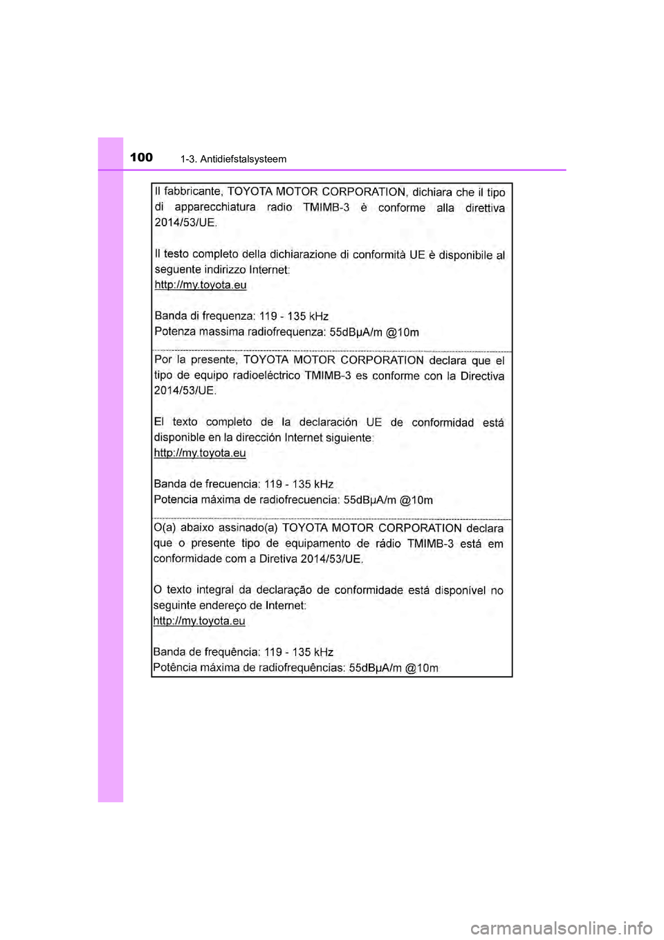 TOYOTA C-HR 2018  Instructieboekje (in Dutch) 1001-3. Antidiefstalsysteem
C-HR_OM_Europe_OM10571E
C-HR_OM_Europe_OM10571E.book  Page 100  Monday, March 19, 2018  4:17 PM 