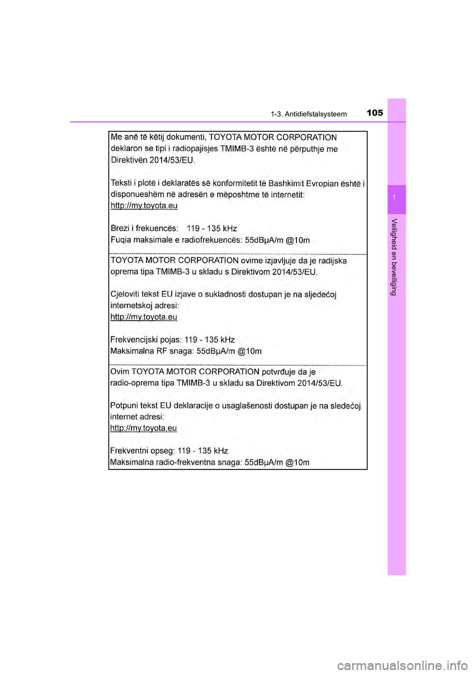 TOYOTA C-HR 2018  Instructieboekje (in Dutch) 1051-3. Antidiefstalsysteem
1
Veiligheid en beveiliging
C-HR_OM_Europe_OM10571E
C-HR_OM_Europe_OM10571E.book  Page 105  Monday, March 19, 2018  4:17 PM 
