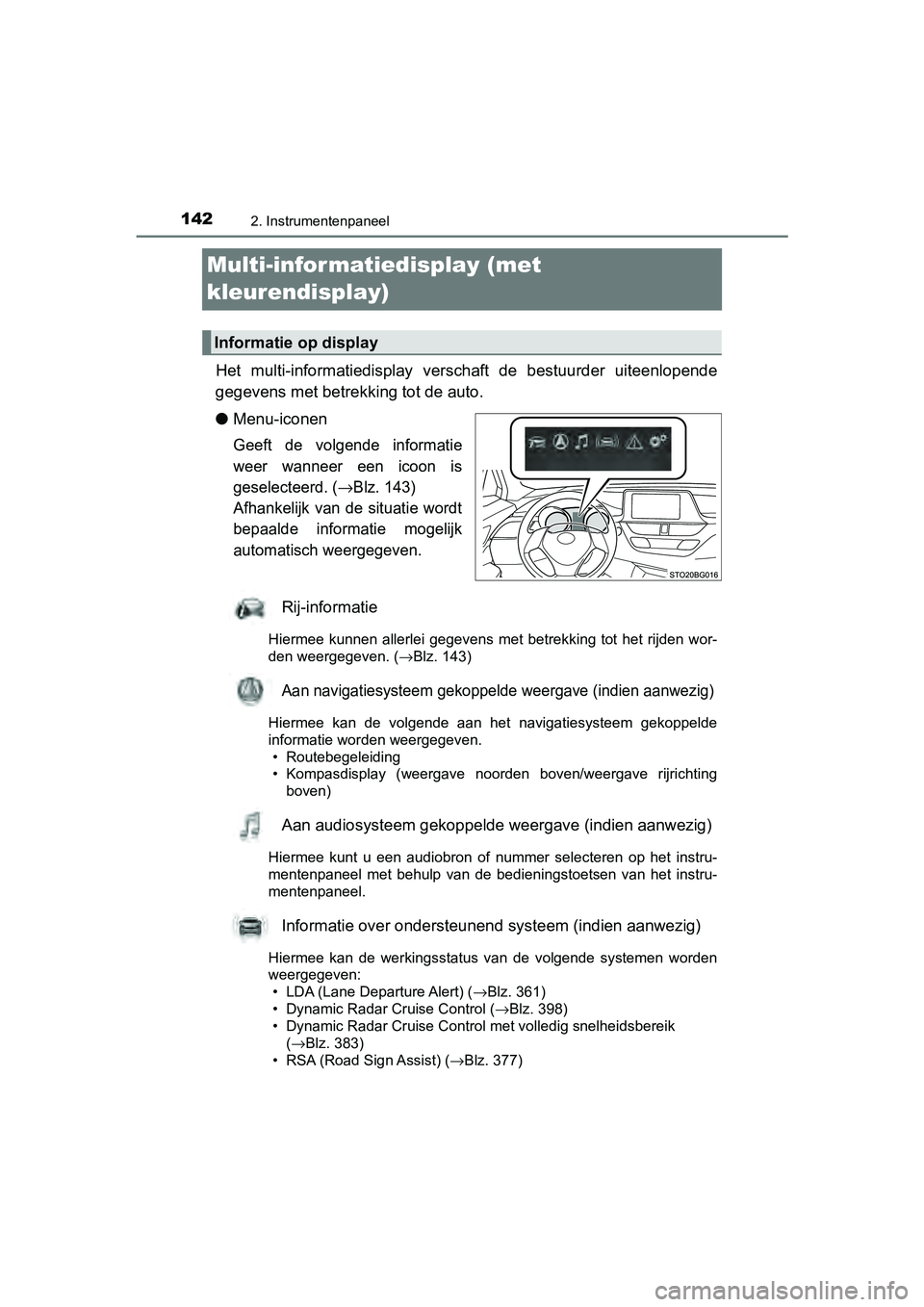 TOYOTA C-HR 2018  Instructieboekje (in Dutch) 1422. Instrumentenpaneel
C-HR_OM_Europe_OM10571E
Multi-infor matiedisplay (met 
kleurendisplay)
Het  multi-informatiedisplay  verschaft  de  bestuurder  uiteenlopen de
gegevens met betrekk ing tot de 