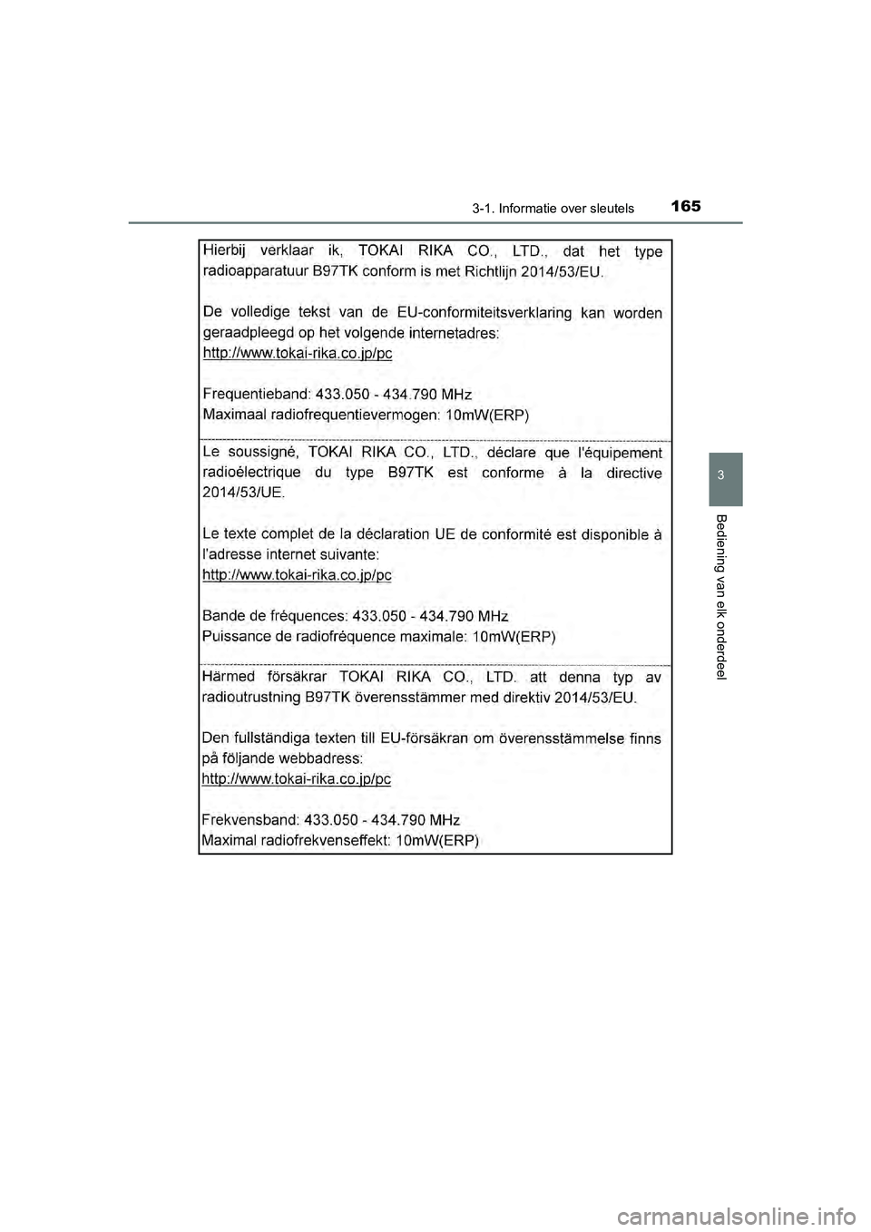 TOYOTA C-HR 2018  Instructieboekje (in Dutch) 1653-1. Informatie over sleutels
3
Bediening van elk onderdeel
C-HR_OM_Europe_OM10571E
C-HR_OM_Europe_OM10571E.book  Page 165  Monday, March 19, 2018  4:17 PM 
