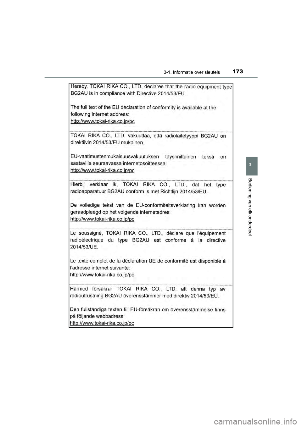 TOYOTA C-HR 2018  Instructieboekje (in Dutch) 1733-1. Informatie over sleutels
3
Bediening van elk onderdeel
C-HR_OM_Europe_OM10571E
C-HR_OM_Europe_OM10571E.book  Page 173  Monday, March 19, 2018  4:17 PM 