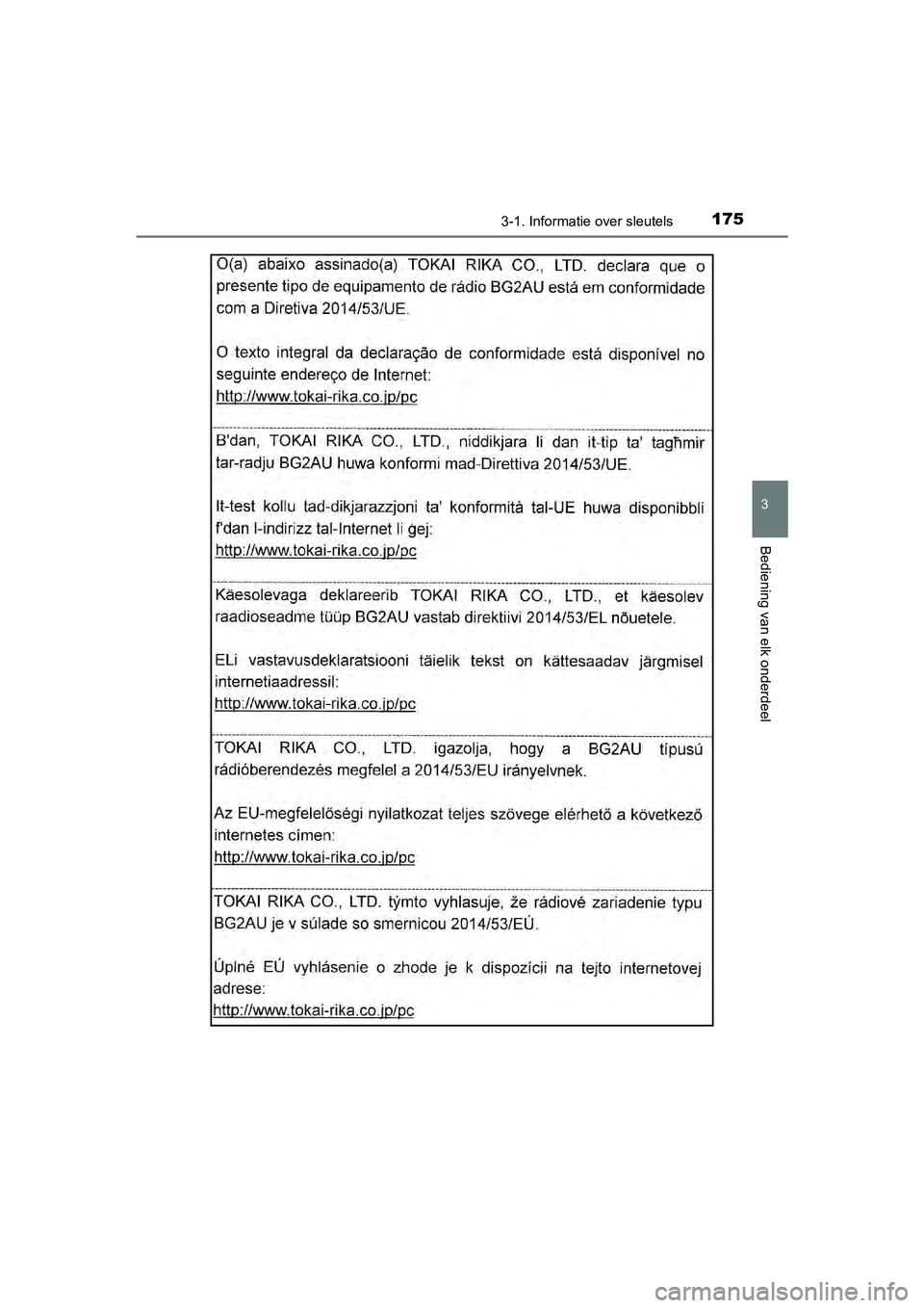 TOYOTA C-HR 2018  Instructieboekje (in Dutch) 1753-1. Informatie over sleutels
3
Bediening van elk onderdeel
C-HR_OM_Europe_OM10571E
C-HR_OM_Europe_OM10571E.book  Page 175  Monday, March 19, 2018  4:17 PM 
