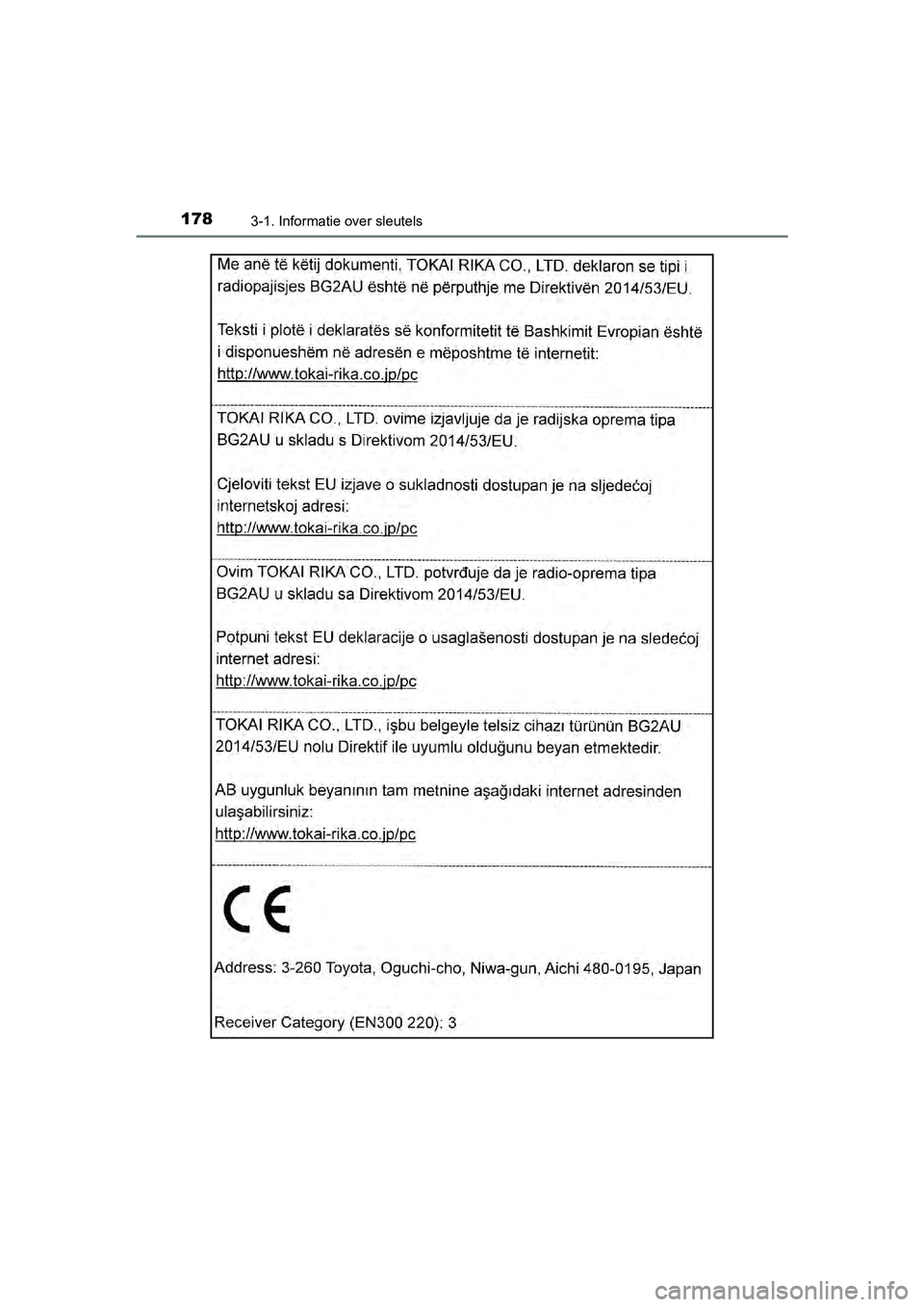 TOYOTA C-HR 2018  Instructieboekje (in Dutch) 1783-1. Informatie over sleutels
C-HR_OM_Europe_OM10571E
C-HR_OM_Europe_OM10571E.book  Page 178  Monday, March 19, 2018  4:17 PM 
