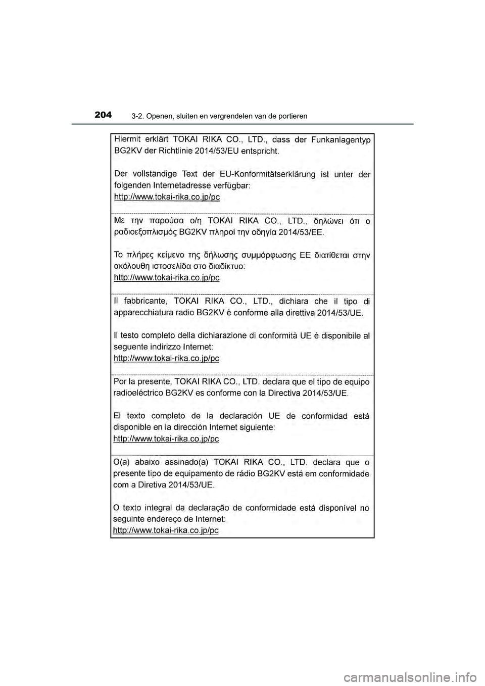 TOYOTA C-HR 2018 Instructieboekje (in Dutch) 2043-2. Openen, sluiten en vergrendelen van de portieren
C-HR_OM_Europe_OM10571E
C-HR_OM_Europe_OM10571E.book Page 204 Monday, March 19, 2018 4:17 PM TOYOTA C-HR 2018 Instructieboekje (in Dutch) 2043-2. Openen, sluiten en vergrendelen van de portieren
C-HR_OM_Europe_OM10571E
C-HR_OM_Europe_OM10571E.book Page 204 Monday, March 19, 2018 4:17 PM