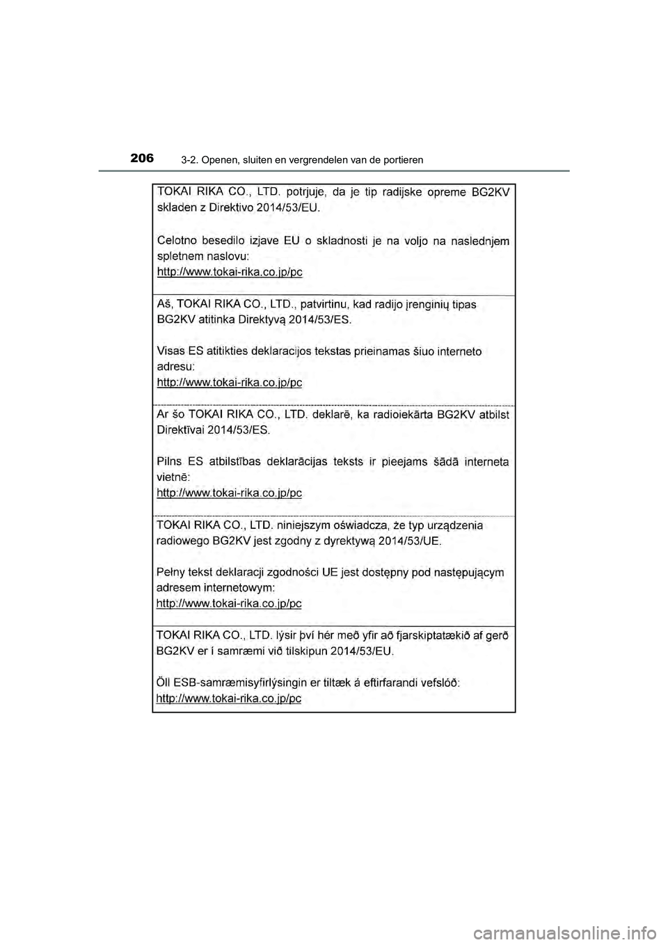 TOYOTA C-HR 2018 Instructieboekje (in Dutch) 2063-2. Openen, sluiten en vergrendelen van de portieren
C-HR_OM_Europe_OM10571E
C-HR_OM_Europe_OM10571E.book Page 206 Monday, March 19, 2018 4:17 PM TOYOTA C-HR 2018 Instructieboekje (in Dutch) 2063-2. Openen, sluiten en vergrendelen van de portieren
C-HR_OM_Europe_OM10571E
C-HR_OM_Europe_OM10571E.book Page 206 Monday, March 19, 2018 4:17 PM