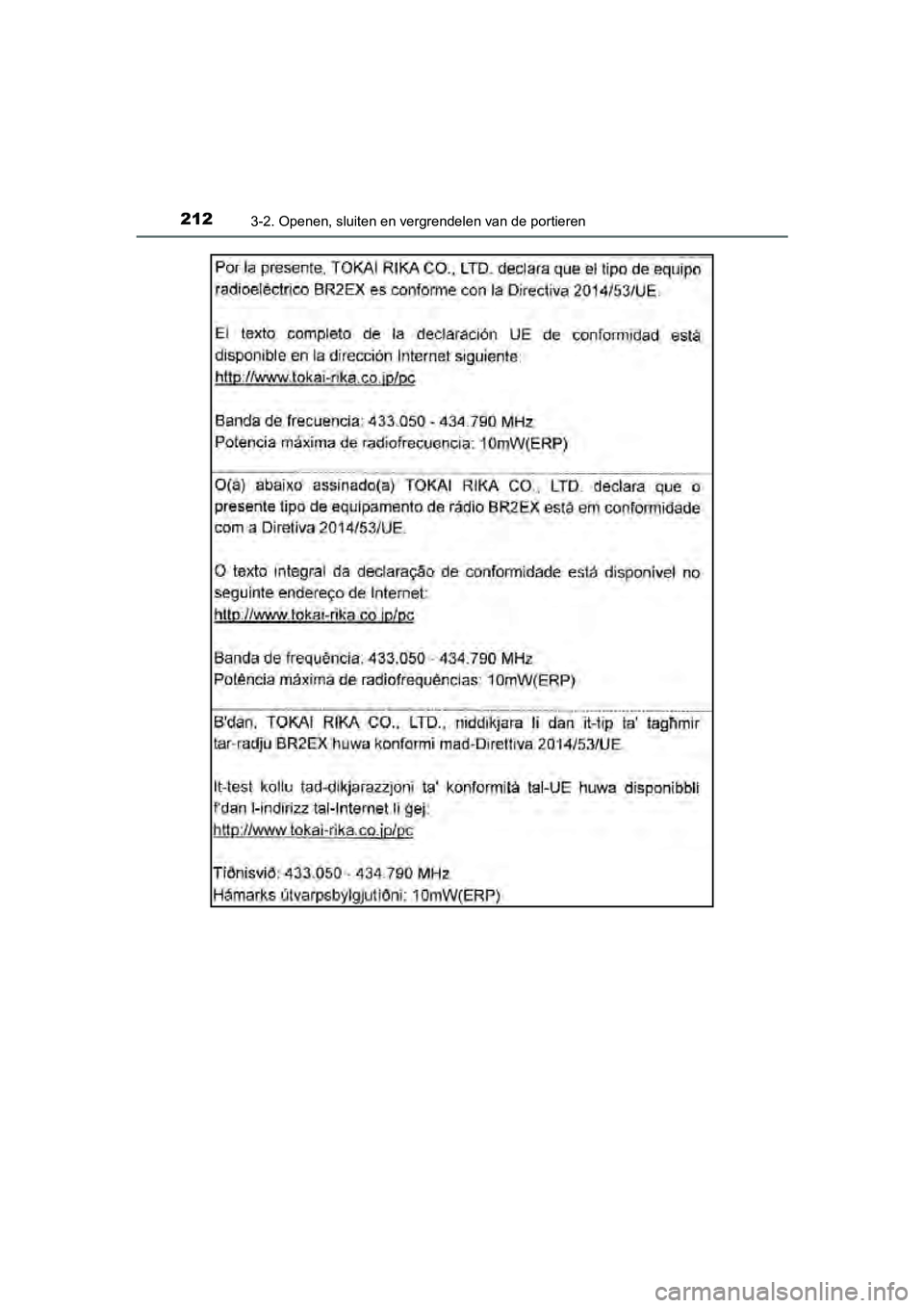 TOYOTA C-HR 2018  Instructieboekje (in Dutch) 2123-2. Openen, sluiten en vergrendelen van de portieren
C-HR_OM_Europe_OM10571E
C-HR_OM_Europe_OM10571E.book  Page 212  Monday, March 19, 2018  4:17 PM 