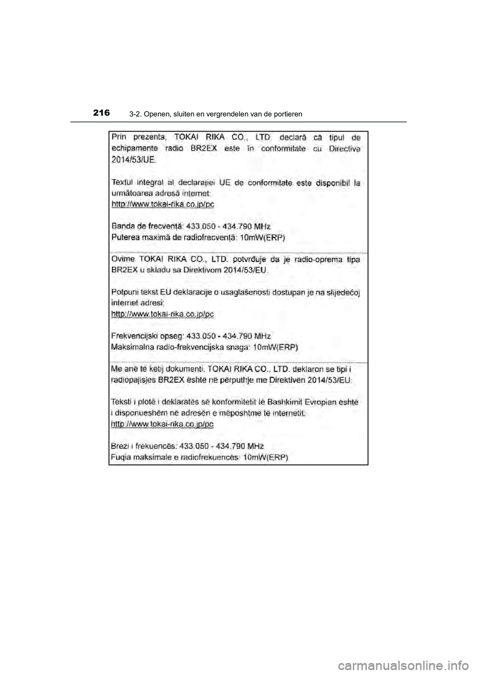 TOYOTA C-HR 2018  Instructieboekje (in Dutch) 2163-2. Openen, sluiten en vergrendelen van de portieren
C-HR_OM_Europe_OM10571E
C-HR_OM_Europe_OM10571E.book  Page 216  Monday, March 19, 2018  4:17 PM 