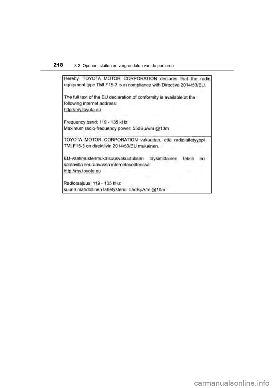 TOYOTA C-HR 2018  Instructieboekje (in Dutch) 2183-2. Openen, sluiten en vergrendelen van de portieren
C-HR_OM_Europe_OM10571E
C-HR_OM_Europe_OM10571E.book  Page 218  Monday, March 19, 2018  4:17 PM 