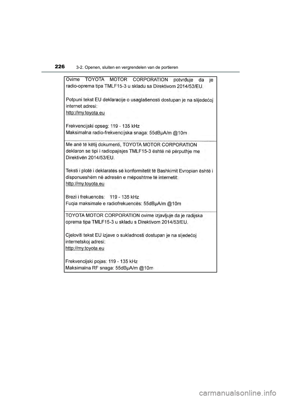 TOYOTA C-HR 2018  Instructieboekje (in Dutch) 2263-2. Openen, sluiten en vergrendelen van de portieren
C-HR_OM_Europe_OM10571E
C-HR_OM_Europe_OM10571E.book  Page 226  Monday, March 19, 2018  4:17 PM 