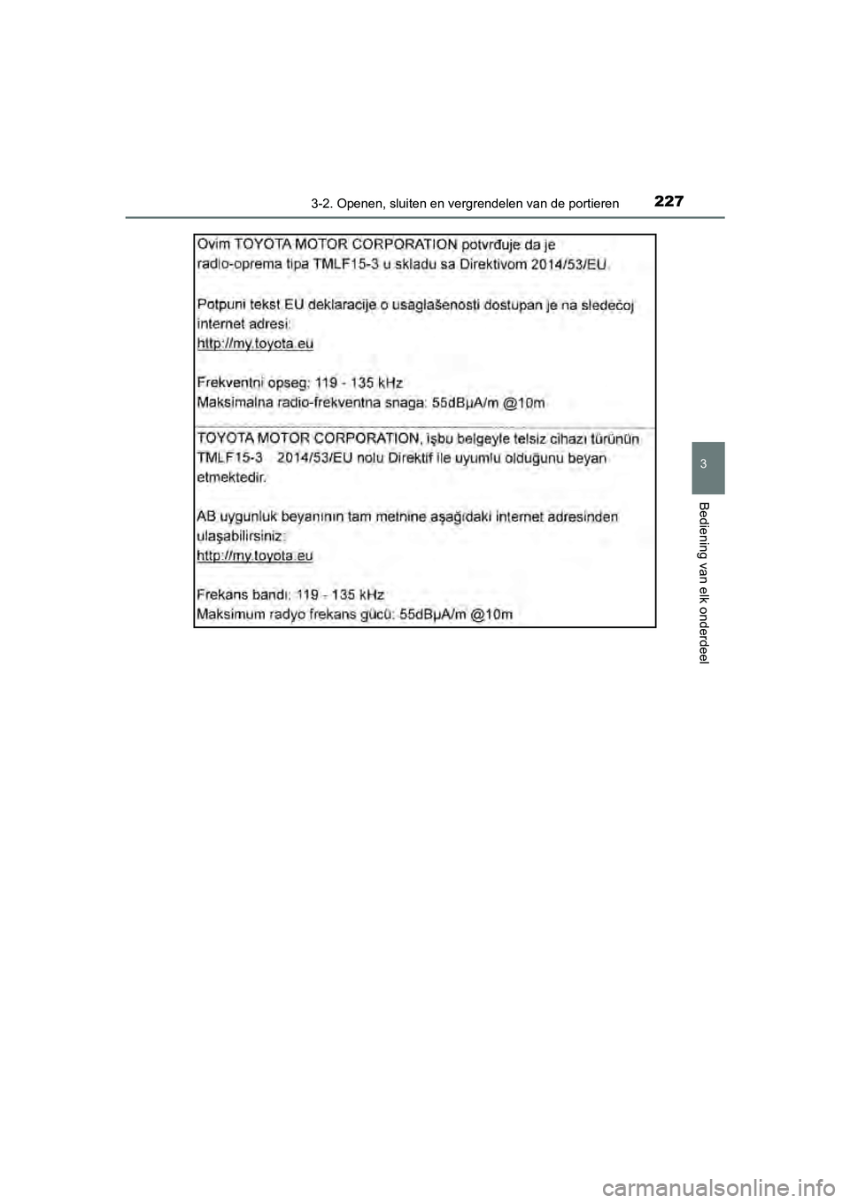 TOYOTA C-HR 2018  Instructieboekje (in Dutch) 2273-2. Openen, sluiten en vergrendelen van de portieren
3
Bediening van elk onderdeel
C-HR_OM_Europe_OM10571E
C-HR_OM_Europe_OM10571E.book  Page 227  Monday, March 19, 2018   4:17 PM 
