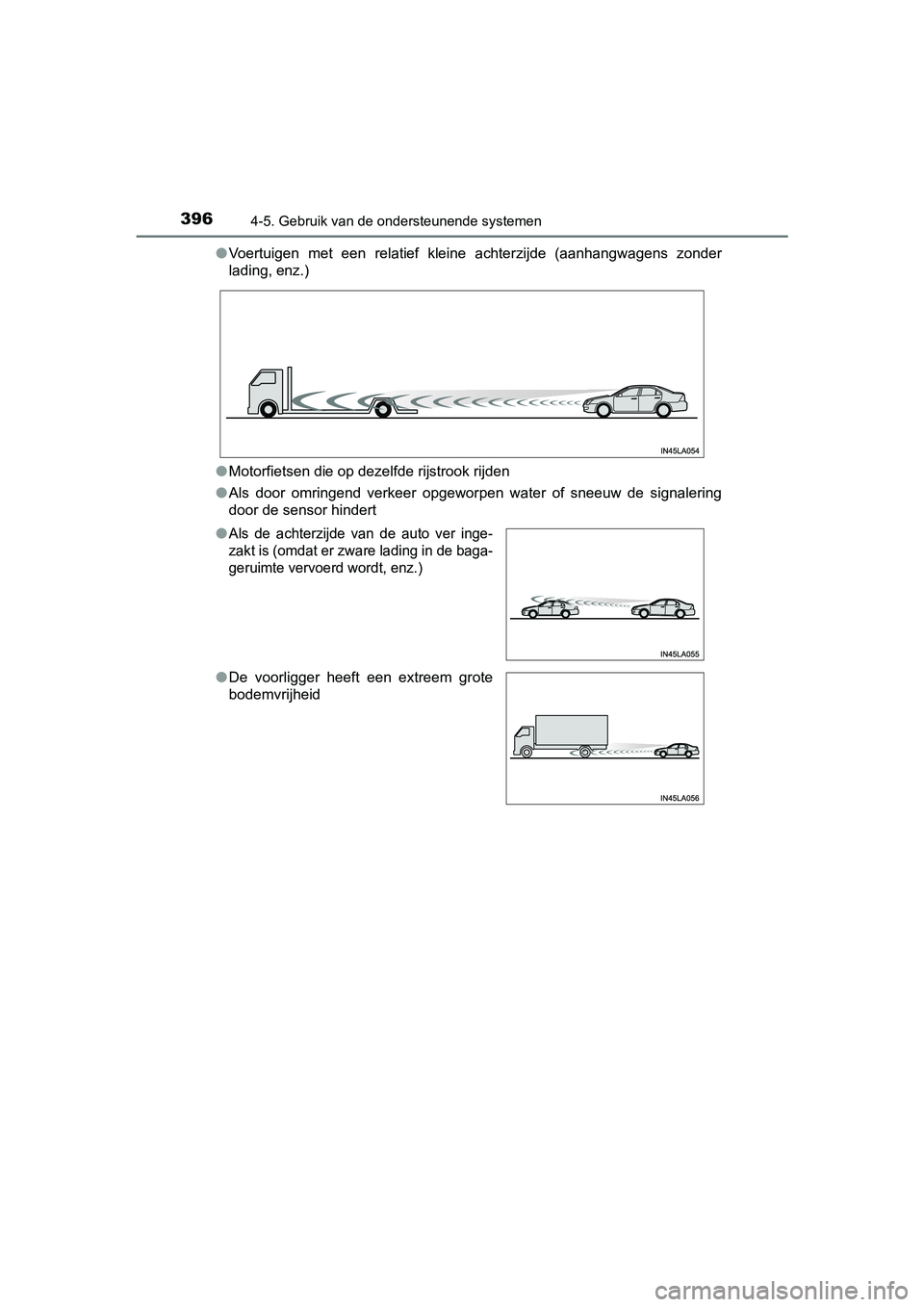 TOYOTA C-HR 2018 Instructieboekje (in Dutch) 3964-5. Gebruik van de ondersteunende systemen
C-HR_OM_Europe_OM10571E●
Voertuigen met een relatief kleine achterzijde (aanhangwagens z onder
lading, enz.)
● Motorfietsen die op dezelfde ri TOYOTA C-HR 2018 Instructieboekje (in Dutch) 3964-5. Gebruik van de ondersteunende systemen
C-HR_OM_Europe_OM10571E●
Voertuigen met een relatief kleine achterzijde (aanhangwagens z onder
lading, enz.)
● Motorfietsen die op dezelfde ri