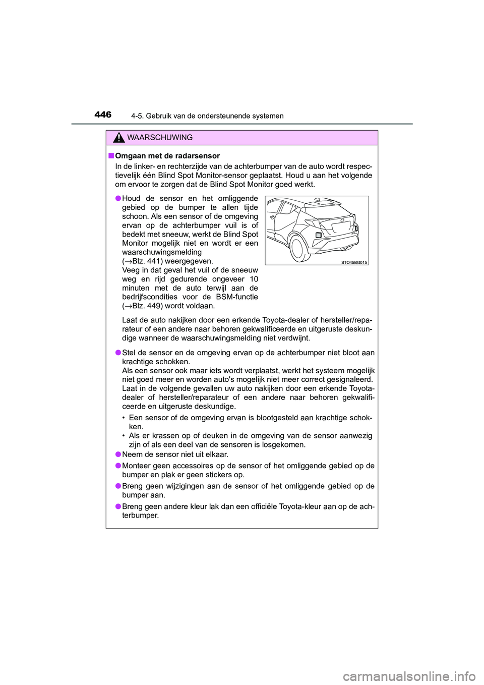 TOYOTA C-HR 2018  Instructieboekje (in Dutch) 4464-5. Gebruik van de ondersteunende systemen
C-HR_OM_Europe_OM10571E
WAARSCHUWING
■Omgaan met de radarsensor
In de linker- en rechterzijde van de achterbumper van de auto w ordt respec-
tievelijk 