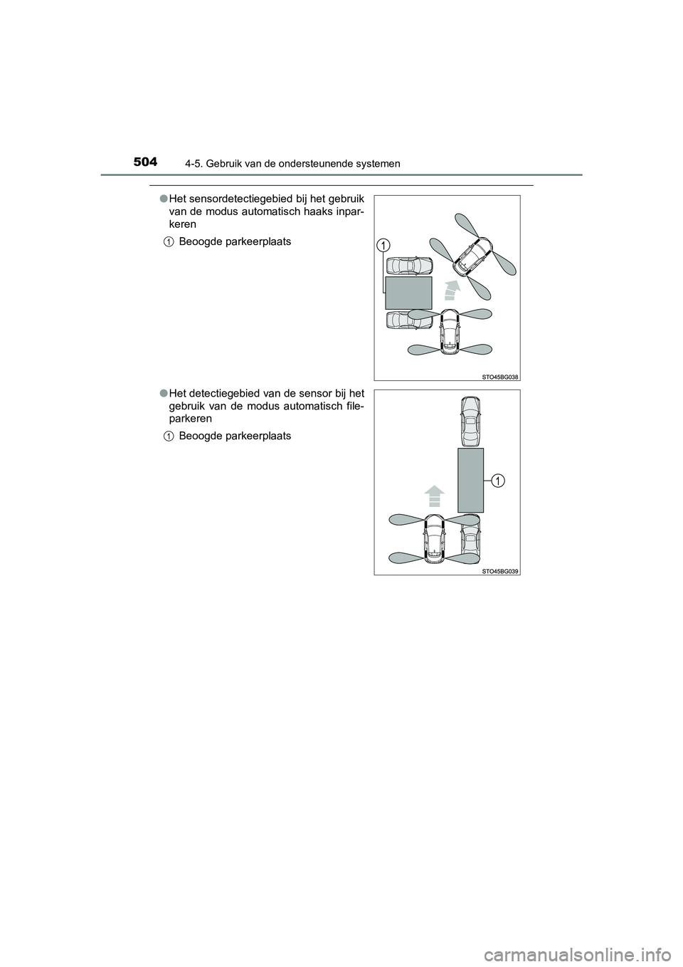 TOYOTA C-HR 2018 Instructieboekje (in Dutch) 5044-5. Gebruik van de ondersteunende systemen
C-HR_OM_Europe_OM10571E
●Het sensordetectiegebied bij het gebruik
van de modus automatisch haaks inpar-
keren
Beoogde parkeerplaats
● Het detectiegeb TOYOTA C-HR 2018 Instructieboekje (in Dutch) 5044-5. Gebruik van de ondersteunende systemen
C-HR_OM_Europe_OM10571E
●Het sensordetectiegebied bij het gebruik
van de modus automatisch haaks inpar-
keren
Beoogde parkeerplaats
● Het detectiegeb