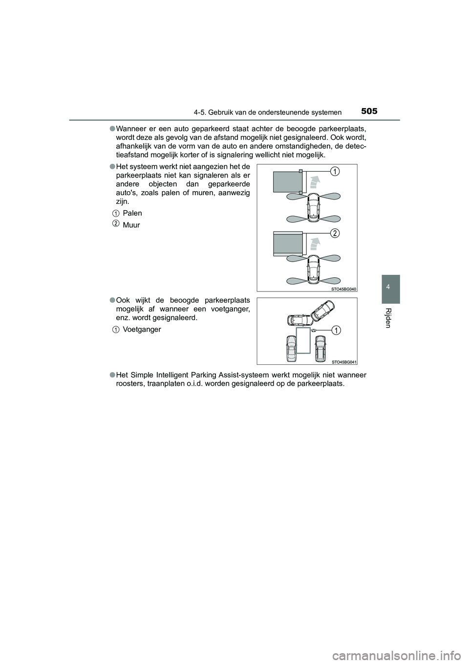 TOYOTA C-HR 2018 Instructieboekje (in Dutch) 5054-5. Gebruik van de ondersteunende systemen
4
Rijden
C-HR_OM_Europe_OM10571E●
Wanneer er een auto geparkeerd staat achter de beoogde parkeerp laats,
wordt deze als gevolg van de afstand TOYOTA C-HR 2018 Instructieboekje (in Dutch) 5054-5. Gebruik van de ondersteunende systemen
4
Rijden
C-HR_OM_Europe_OM10571E●
Wanneer er een auto geparkeerd staat achter de beoogde parkeerp laats,
wordt deze als gevolg van de afstand