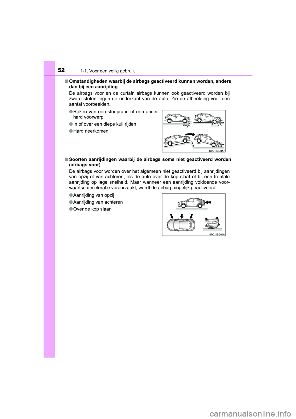 TOYOTA C-HR 2018 Instructieboekje (in Dutch) 521-1. Voor een veilig gebruik
C-HR_OM_Europe_OM10571E■
Omstandigheden waarbij de airba gs geactiveerd kunnen worden, an ders
dan bij een aanrijding
De airbags voor en de curtain airbags kun TOYOTA C-HR 2018 Instructieboekje (in Dutch) 521-1. Voor een veilig gebruik
C-HR_OM_Europe_OM10571E■
Omstandigheden waarbij de airba gs geactiveerd kunnen worden, an ders
dan bij een aanrijding
De airbags voor en de curtain airbags kun