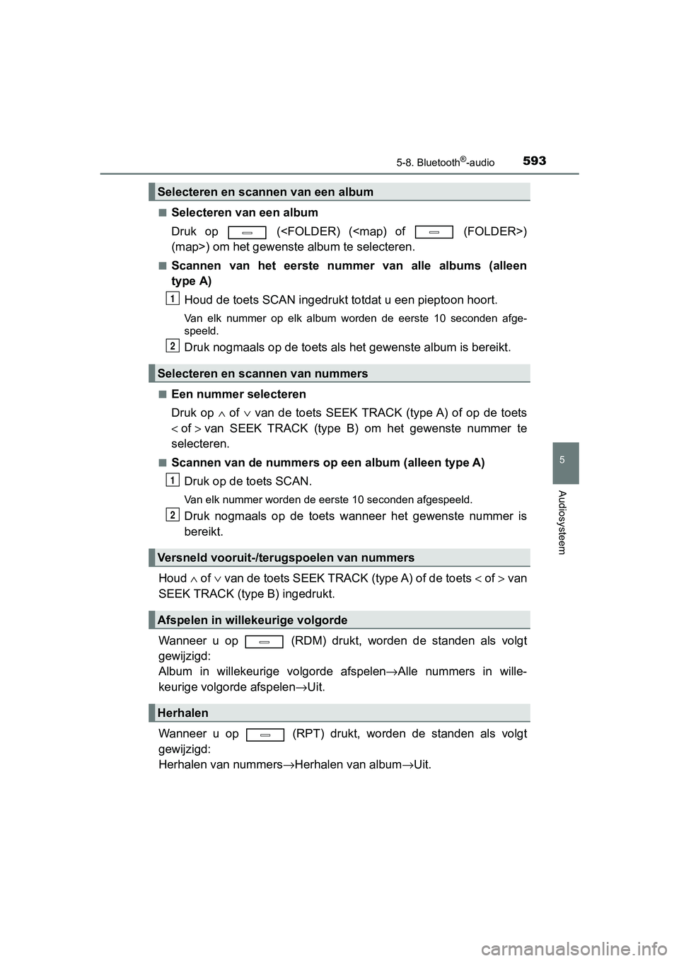 TOYOTA C-HR 2018 Instructieboekje (in Dutch) 5935-8. Bluetooth®-audio
5
Audiosysteem
C-HR_OM_Europe_OM10571E■
Selecteren van een album
Druk op (<FOLDER) (<map) of (FOLDER>)
(map>) om het gewenste album te selecteren.
■Scannen van TOYOTA C-HR 2018 Instructieboekje (in Dutch) 5935-8. Bluetooth®-audio
5
Audiosysteem
C-HR_OM_Europe_OM10571E■
Selecteren van een album
Druk op (<FOLDER) (<map) of (FOLDER>)
(map>) om het gewenste album te selecteren.
■Scannen van