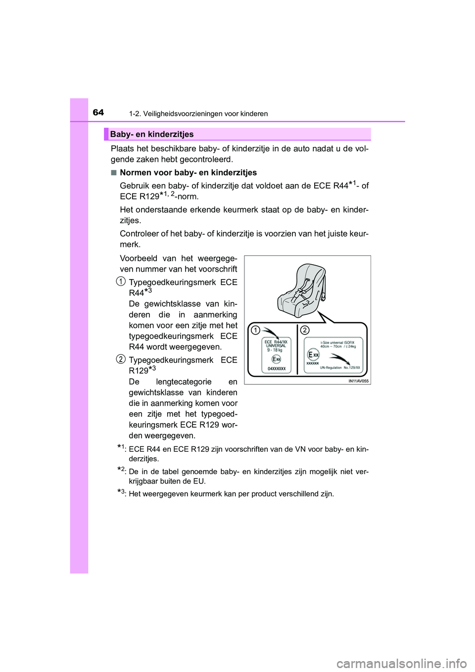 TOYOTA C-HR 2018 Instructieboekje (in Dutch) 641-2. Veiligheidsvoorzieningen voor kinderen
C-HR_OM_Europe_OM10571E
Plaats het beschikbare baby- of kinderzitje in de auto nadat u de vol-
gende zaken hebt gecontroleerd.
■Normen voor baby- en ki TOYOTA C-HR 2018 Instructieboekje (in Dutch) 641-2. Veiligheidsvoorzieningen voor kinderen
C-HR_OM_Europe_OM10571E
Plaats het beschikbare baby- of kinderzitje in de auto nadat u de vol-
gende zaken hebt gecontroleerd.
■Normen voor baby- en ki