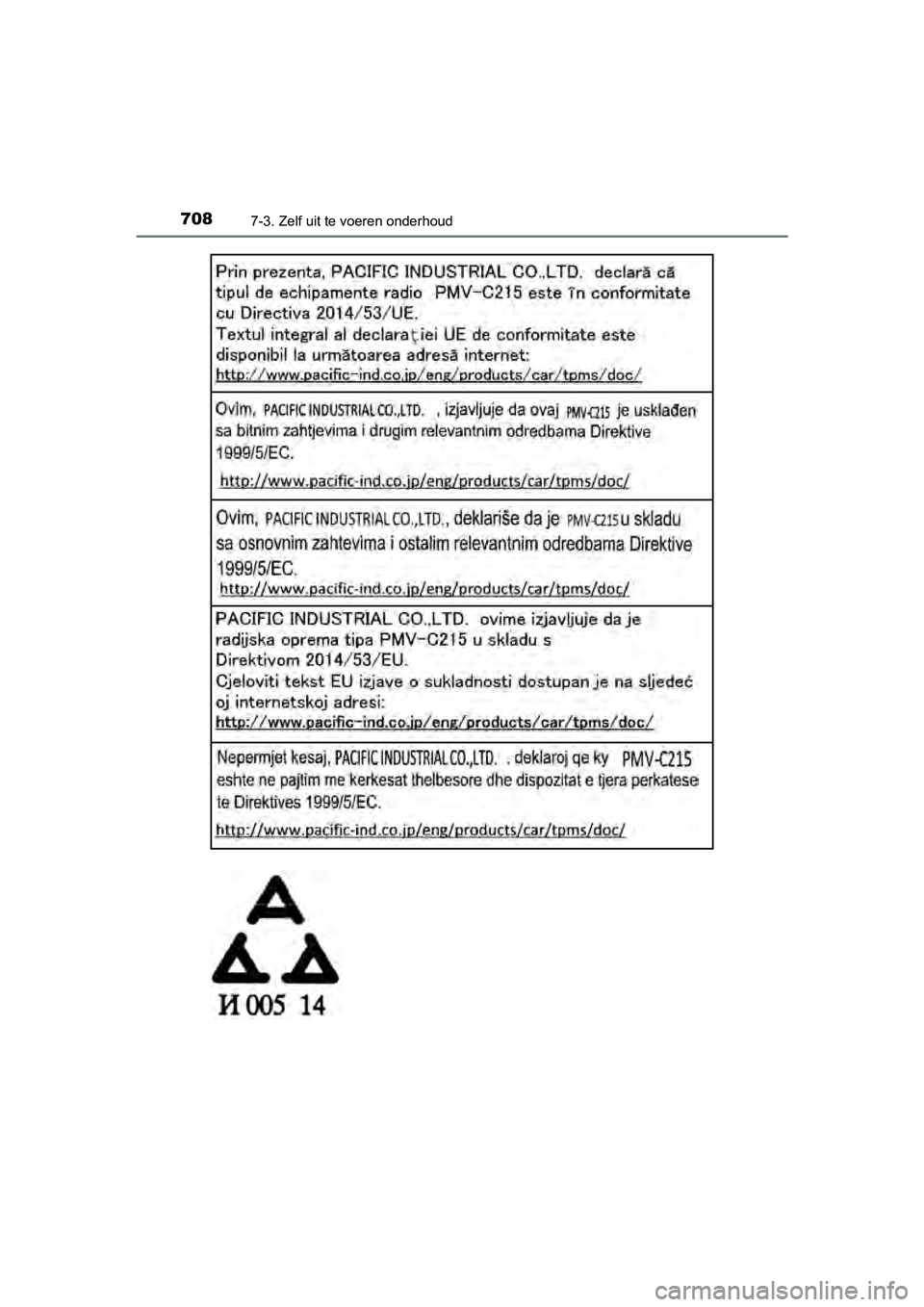 TOYOTA C-HR 2018  Instructieboekje (in Dutch) 7087-3. Zelf uit te voeren onderhoud
C-HR_OM_Europe_OM10571E
C-HR_OM_Europe_OM10571E.book  Page 708  Monday, March 19, 2018  4:17 PM 