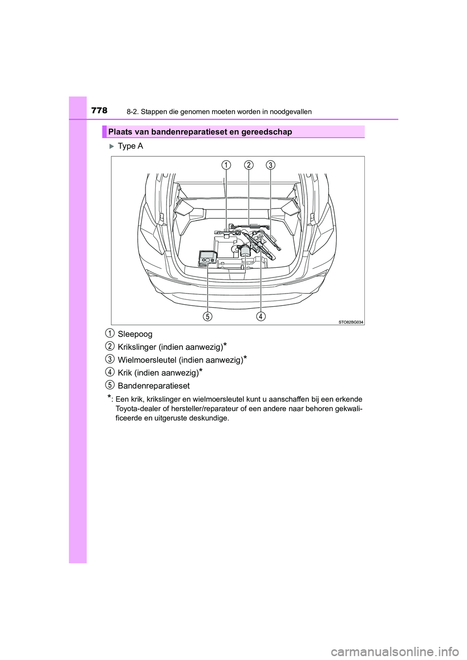 TOYOTA C-HR 2018 Instructieboekje (in Dutch) 7788-2. Stappen die genomen moeten worden in noodgevallen
C-HR_OM_Europe_OM10571E
Ty p e A
Sleepoog
Krikslinger (indien aanwezig)
*
Wielmoersleutel (indien aanwezig)*
Krik (indien aanwezig)*
Bande TOYOTA C-HR 2018 Instructieboekje (in Dutch) 7788-2. Stappen die genomen moeten worden in noodgevallen
C-HR_OM_Europe_OM10571E
Ty p e A
Sleepoog
Krikslinger (indien aanwezig)
*
Wielmoersleutel (indien aanwezig)*
Krik (indien aanwezig)*
Bande