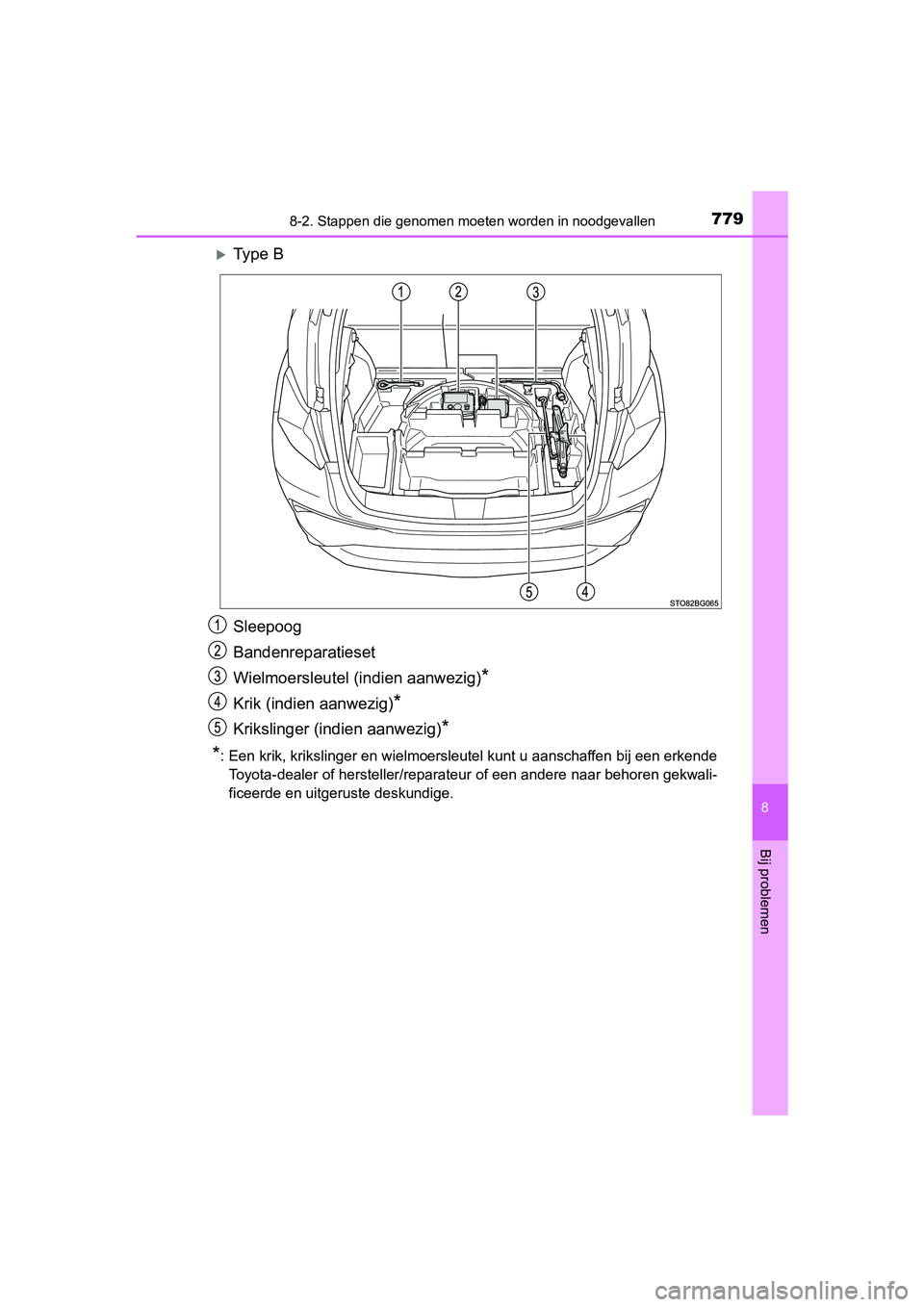 TOYOTA C-HR 2018 Instructieboekje (in Dutch) 7798-2. Stappen die genomen moeten worden in noodgevallen
8
Bij problemen
C-HR_OM_Europe_OM10571E
Ty p e B
Sleepoog
Bandenreparatieset
Wielmoersleutel (indien aanwezig)
*
Krik (indien aanwezig)*
TOYOTA C-HR 2018 Instructieboekje (in Dutch) 7798-2. Stappen die genomen moeten worden in noodgevallen
8
Bij problemen
C-HR_OM_Europe_OM10571E
Ty p e B
Sleepoog
Bandenreparatieset
Wielmoersleutel (indien aanwezig)
*
Krik (indien aanwezig)*