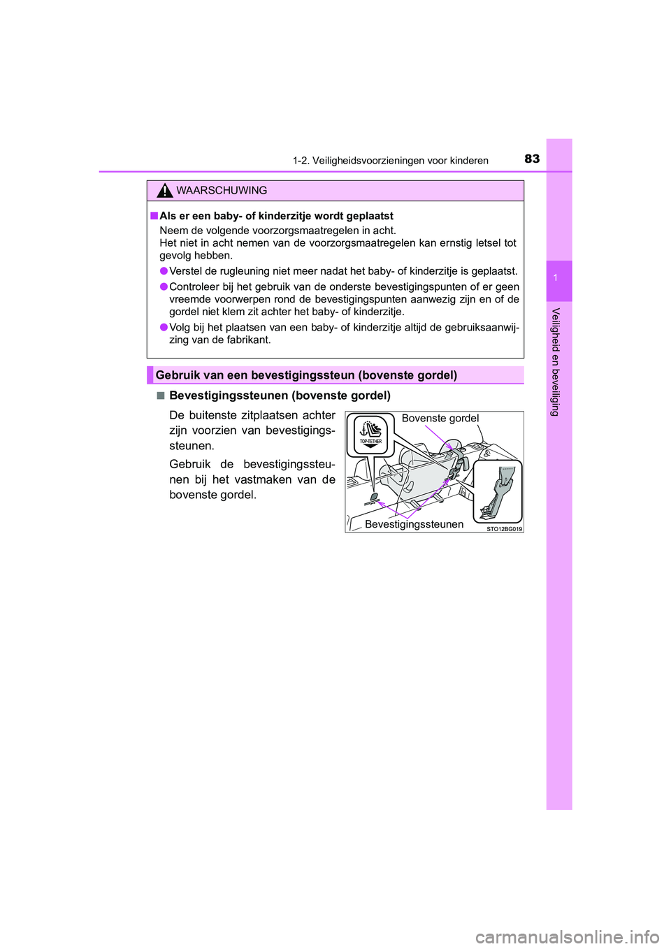 TOYOTA C-HR 2018 Instructieboekje (in Dutch) 831-2. Veiligheidsvoorzieningen voor kinderen
1
Veiligheid en beveiliging
C-HR_OM_Europe_OM10571E■
Bevestigingssteunen
(bovenste gordel)
De buitenste zitplaatsen achter
zijn voorzien van beve TOYOTA C-HR 2018 Instructieboekje (in Dutch) 831-2. Veiligheidsvoorzieningen voor kinderen
1
Veiligheid en beveiliging
C-HR_OM_Europe_OM10571E■
Bevestigingssteunen
(bovenste gordel)
De buitenste zitplaatsen achter
zijn voorzien van beve