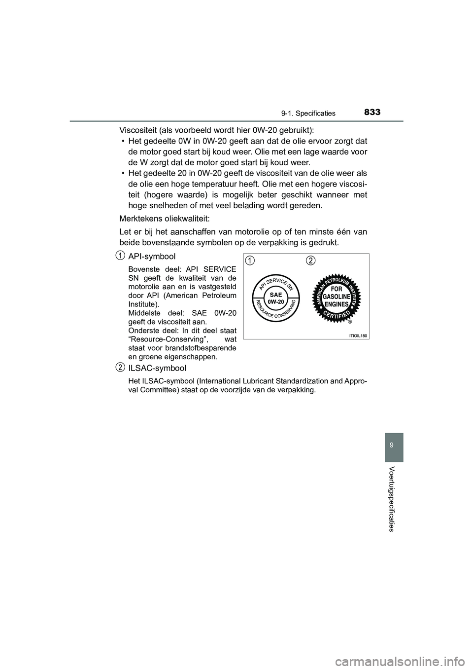 TOYOTA C-HR 2018 Instructieboekje (in Dutch) 8339-1. Specificaties
9
Voertuigspecificaties
C-HR_OM_Europe_OM10571E
Viscositeit (als voorbeeld wordt hier 0W-20 gebruikt):• Het gedeelte 0W in 0W-20 geeft aan dat de olie ervoor zorgt da t
de moto TOYOTA C-HR 2018 Instructieboekje (in Dutch) 8339-1. Specificaties
9
Voertuigspecificaties
C-HR_OM_Europe_OM10571E
Viscositeit (als voorbeeld wordt hier 0W-20 gebruikt):• Het gedeelte 0W in 0W-20 geeft aan dat de olie ervoor zorgt da t
de moto